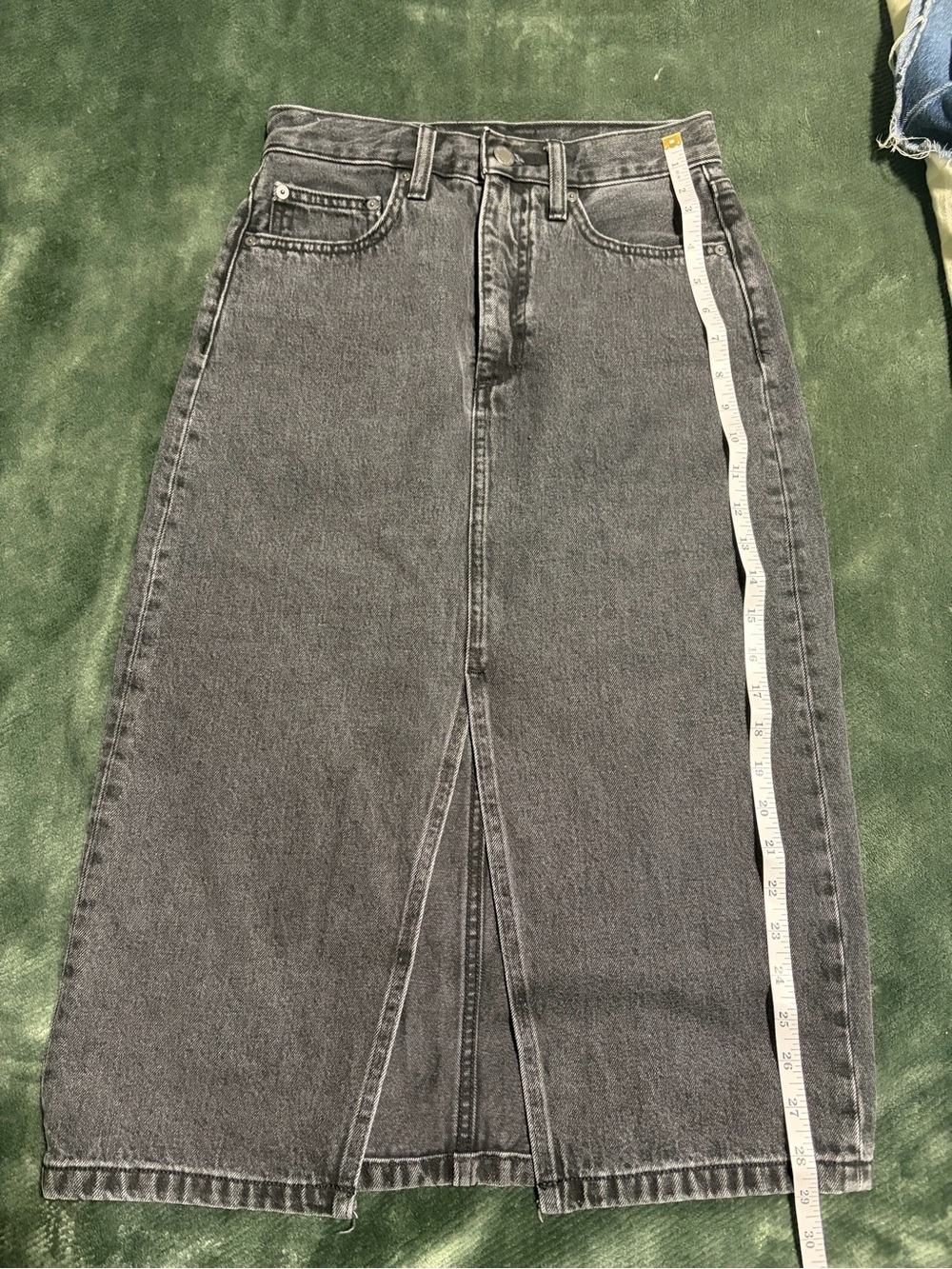 Denim Forum Black-Grey Washed Denim Midi Skirt with Front Slit